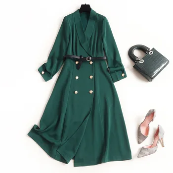 

green Vintage dress Double breasted long sleeve Mid-Calf Sashes Solid A-Line vestido cocktail elegante long dress with a sleeve