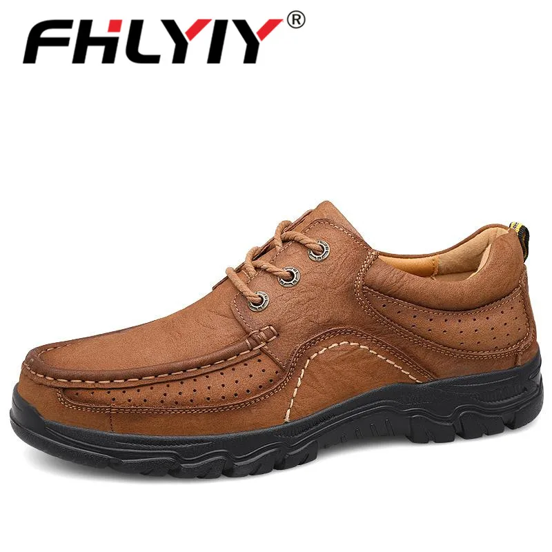 Light Brown lace-up Fhlyiy/Новинка; брендовая мужская обувь; натуральная кожа; повседневная обувь; высокое качество; Рабочая обувь; летние туфли типа мокасин из телячьей кожи; кроссовки; размер 47 - Цвет: Light Brown lace-up