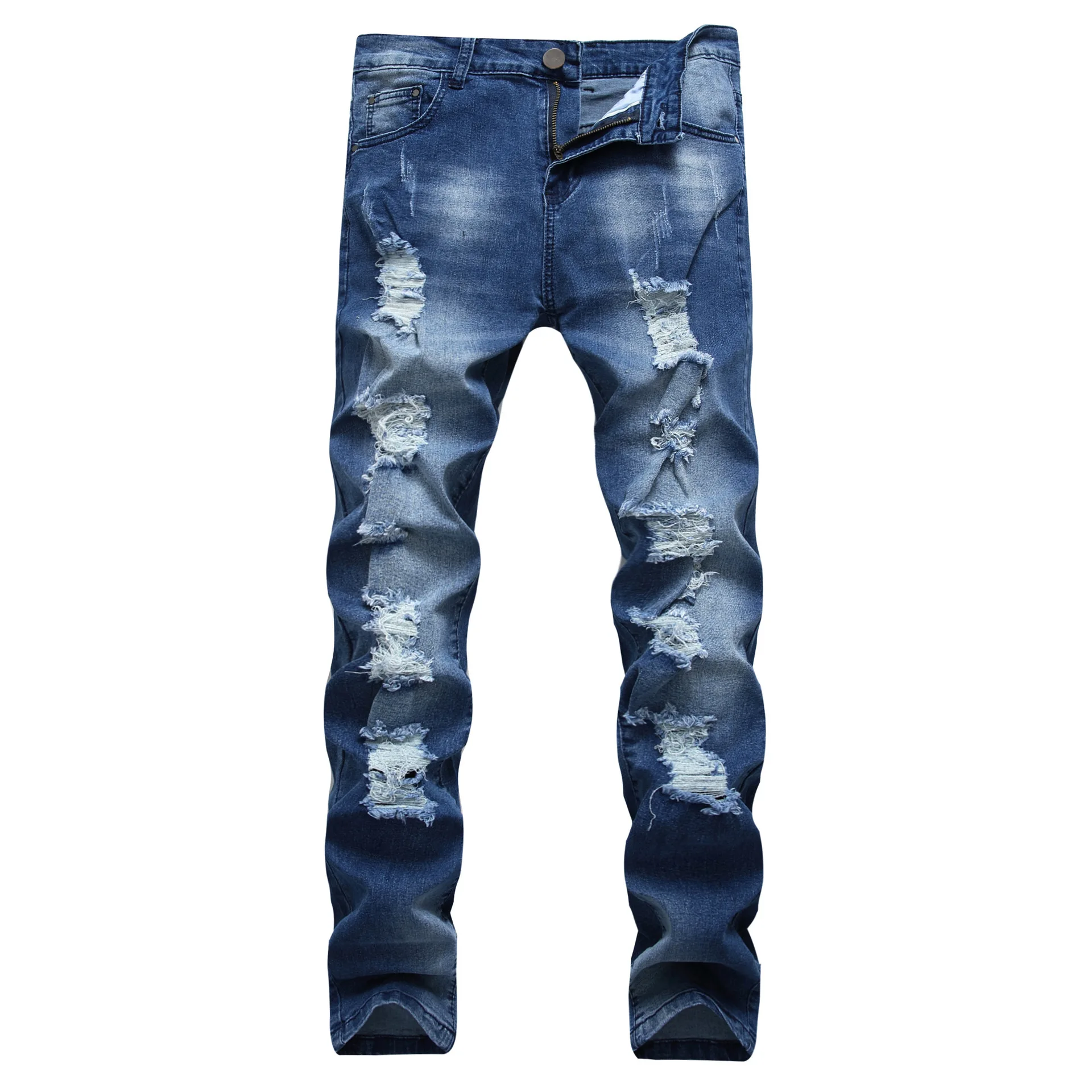 New Style MEN'S Jeans With Holes Blue Elasticity Men Slim Fit Pencil Pants Trousers Fashion