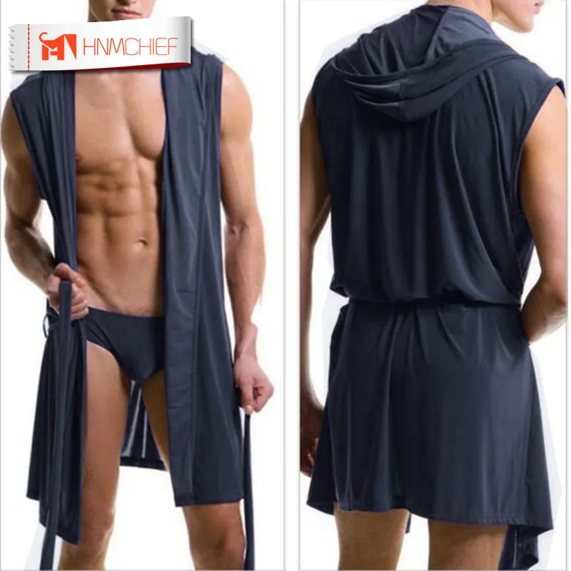 

HNMCHIEF Summer dress bath robe men sexy pajamas sleepwear Silk pijama hombre hooded bathrobe men bath 5 color