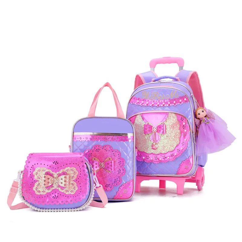 3 шт./компл. детские школьные сумки Водонепроницаемый для девочек фиолетовое платье принцессы тележка рюкзак Съемный Дети колесо сумка Чемодан Mochilas - Цвет: 2 wheels purple