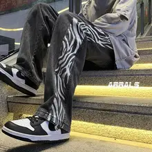 

Gothic printed jeans men's trousers 2021spring autumn new Korean fashion hip-hop high street style straight wide-leg jeans trend