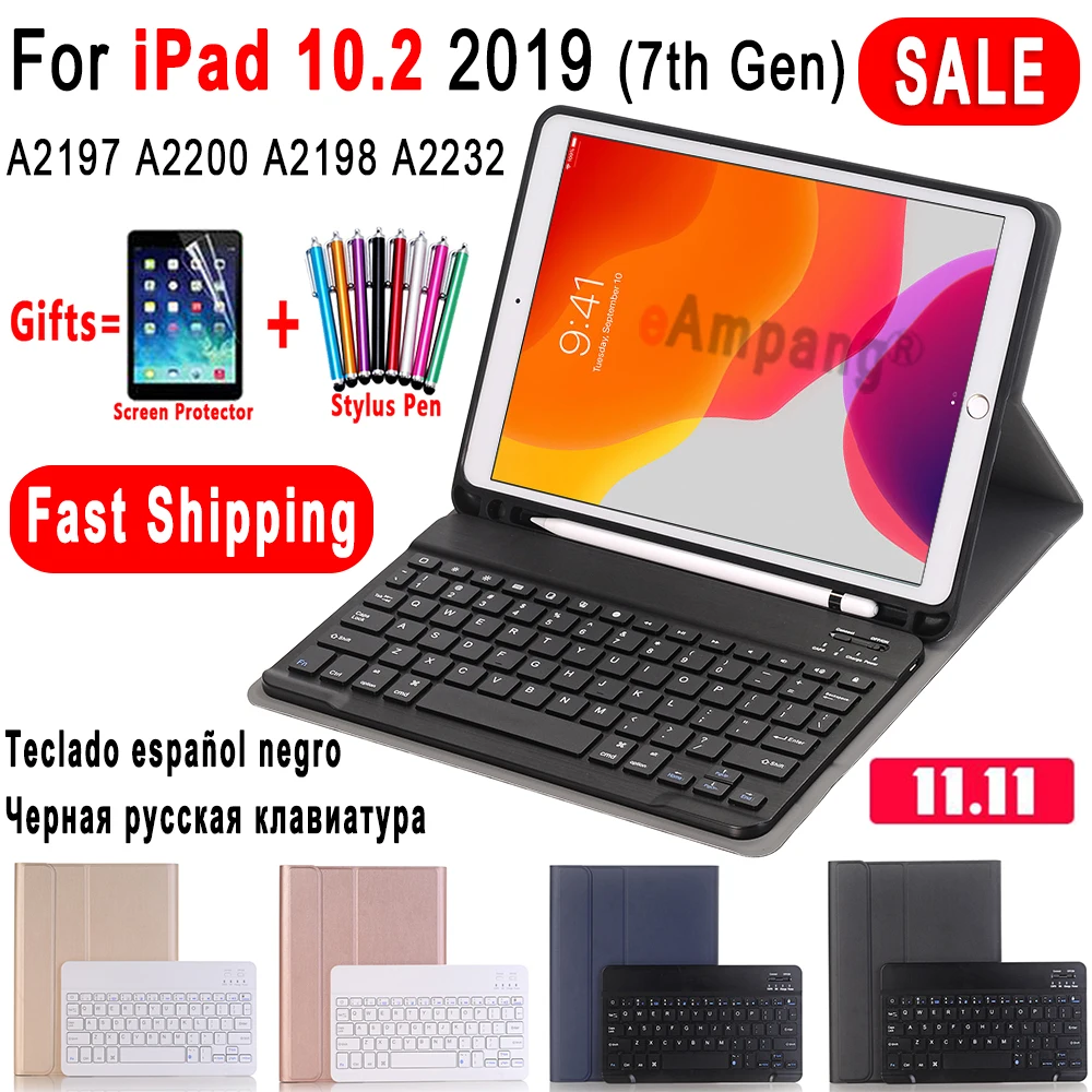 For iPad 10.2 2019 Keyboard Case with Pencil Holder for Apple iPad 7th Generation A2197 A2200 Russi