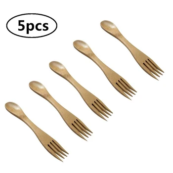 

5pcs Creative Eco-Friendly Bamboo Spork Spoons Forks Cutlery 2 In 1 Combo Utensils For Children Kids Kitchen Supplies