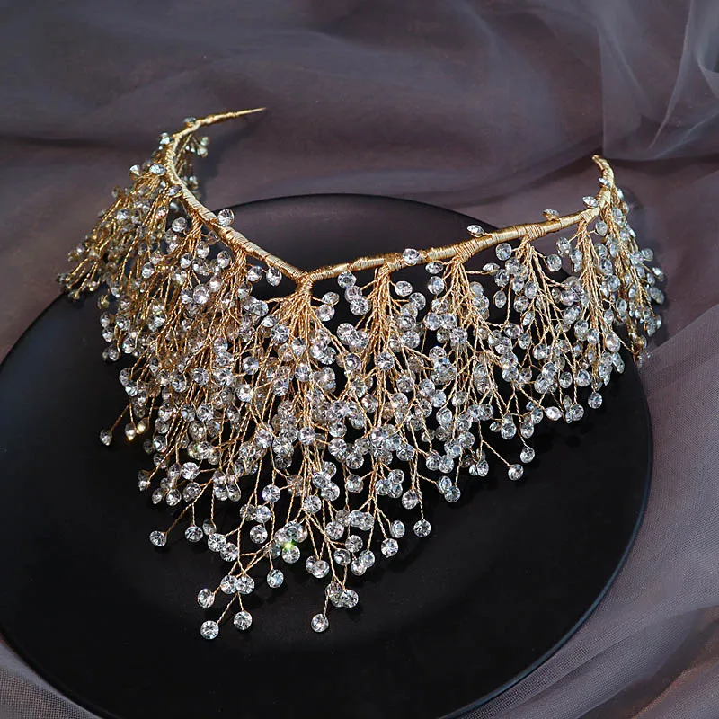 Золотая Корона обруч для волос со стразами тиара свадебные аксессуары для волос украшение невесты голова кусок декоративные роскошные украшения для волос