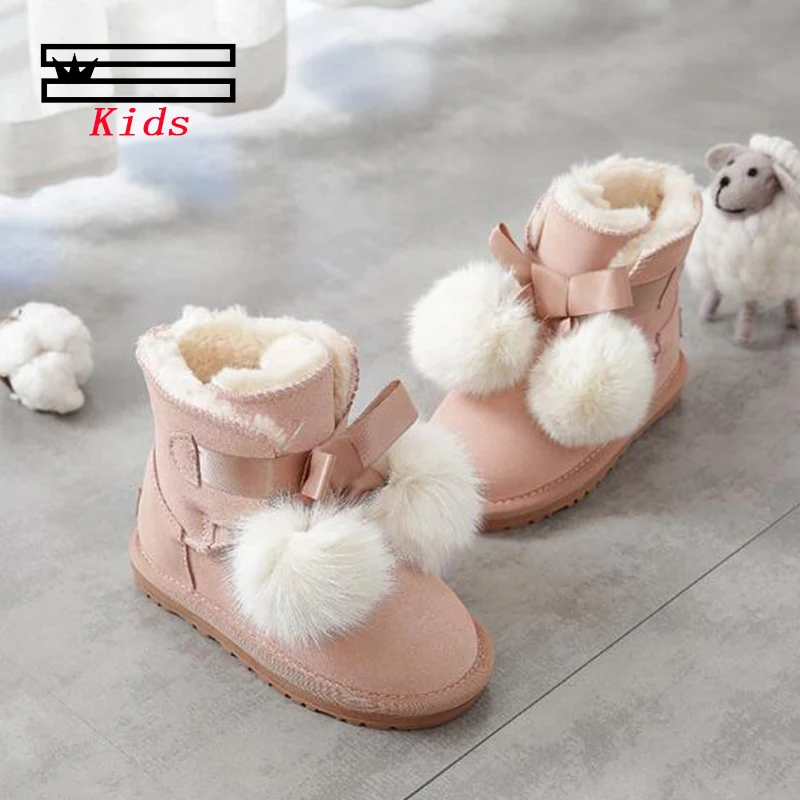 SHUANGGUN New Children Boots For Girls Kids Snow Boots Genuine Sheepskin Leather Natural Fur Warm Winter Shoes#K001