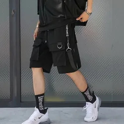 HOUZHOU – Shorts Cargo pour hommes, pantalons décontractés, noirs, pour Gym d'été, japonais, Hip Hop, avec rubans Techwear 