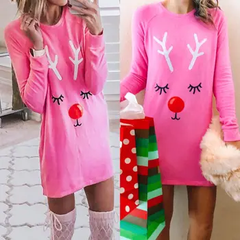 

Christmas Women Sweatshirt Dress Autumn Festive Round Collar Elk Long Sleeve Hoodies T-Shirt Dress Short Dresses Homewear 5