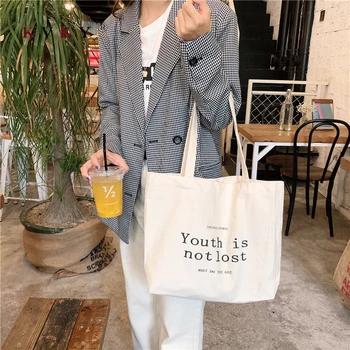 

Fashion Women Letter Printing Canvas Bags Handbags 2019 New Female Casual Simple Students Shoulder Bags Reusable Shopping Bags