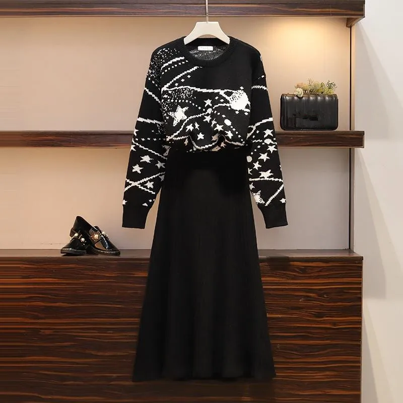Plus Size Women Knitwear Two Piece Set Fall Winter Pattern Stars Print Knitted Thick Loose Pullovers +Swing Black Long Skirt | Женская