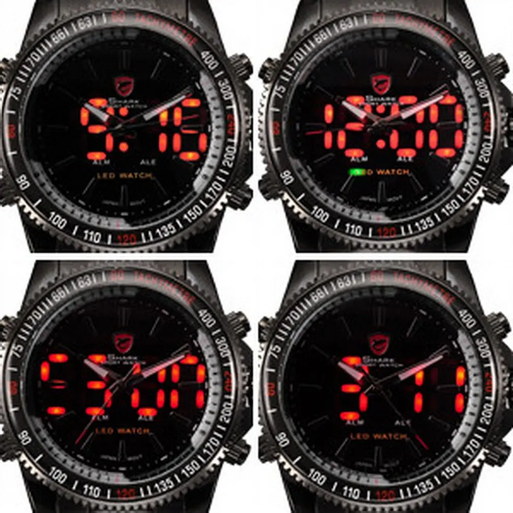 Спортивные часы Mako SHARK, брендовые, черные, с двойным часовым сигналом, с датой, мужские, стальной ремешок, мужские, для улицы, цифровой, светодиодный, кварцевые, спортивные часы/SH001