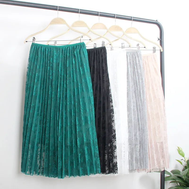 

Mooirue Vintage Lace Patchwork Pleated Skirts Women Autumn Winter Casual Streetwear High Waist Elastic Solid Harajuku Maxi Skirt