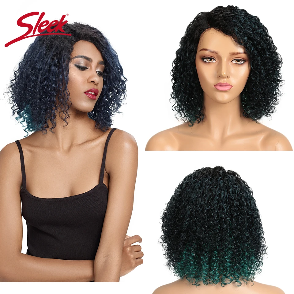 

Sleek Brazilian Part Lace Bob Wig Kinky Curly Human Hair Wig Oxford Blue Ombre Remy Human Hair Wigs For Women Short Curly Wig