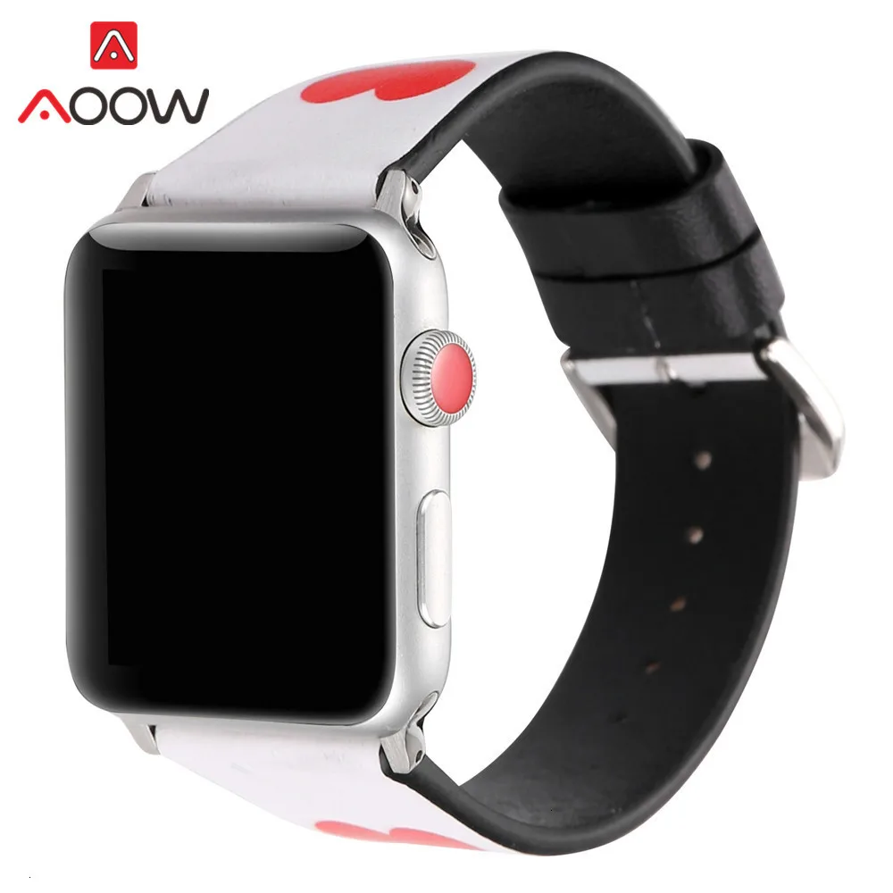 Ремешок для часов из натуральной кожи для Apple Watch 4, 5, 38 мм, 42 мм, 40 мм, 44 мм, с принтом сердца, мужской, женский браслет, ремешок для iwatch 1, 2, 3