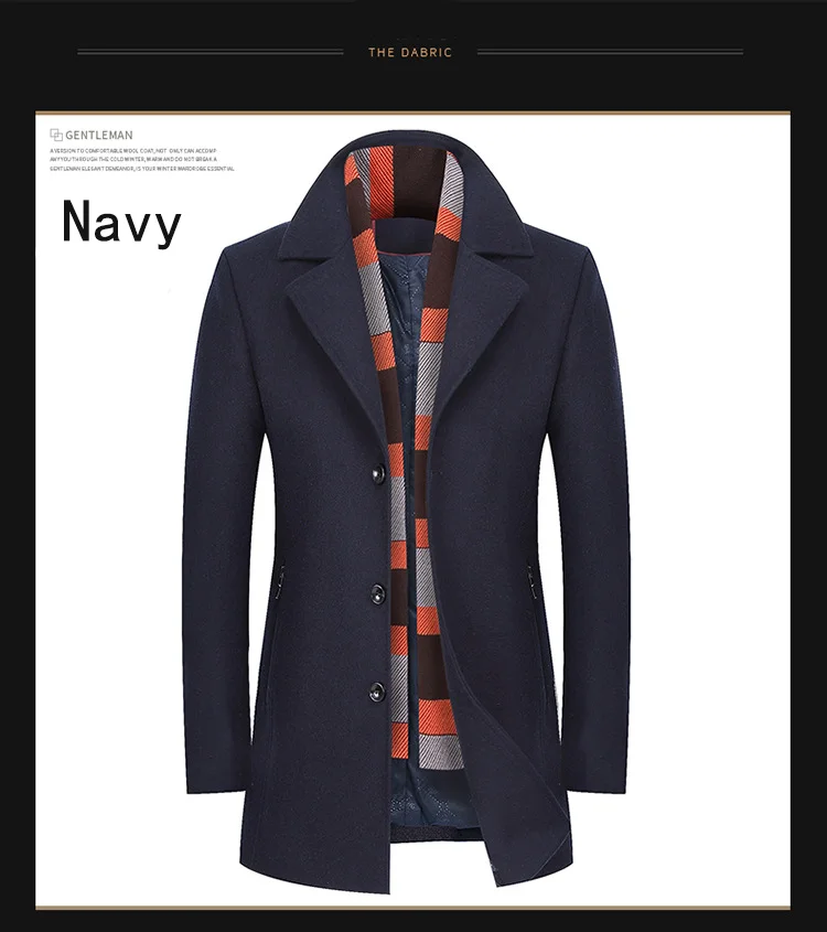 Navy Длинное мужское шерстяное пальто, утолщенная теплая верхняя одежда, мужская деловая Повседневная брендовая однотонная шерстяная куртка для темперамента размера плюс 2XL DS8062 - Цвет: Navy