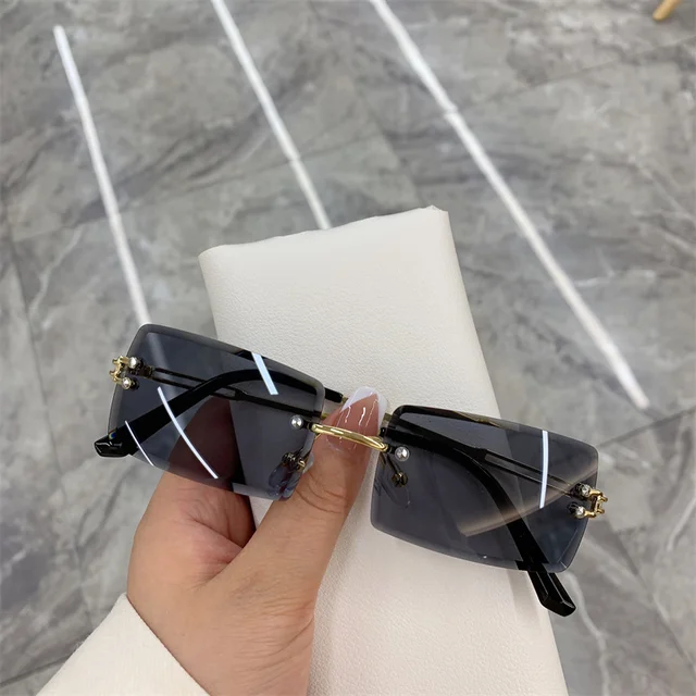Vintage Fashion 2021 New Sunglasses Rimless Frameless Rectangle Shades Gradient UV400 Summer Traveling Sun Glasses for Women Gold Gray