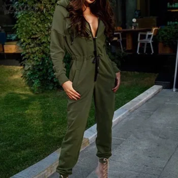 

ZANZEA 2020 Fashion Women's Solid Casual Pockets Jumpsuits Ladies Zipper Overalls Jumpsuit Hoodies Rompers Tracksuits Long Pants