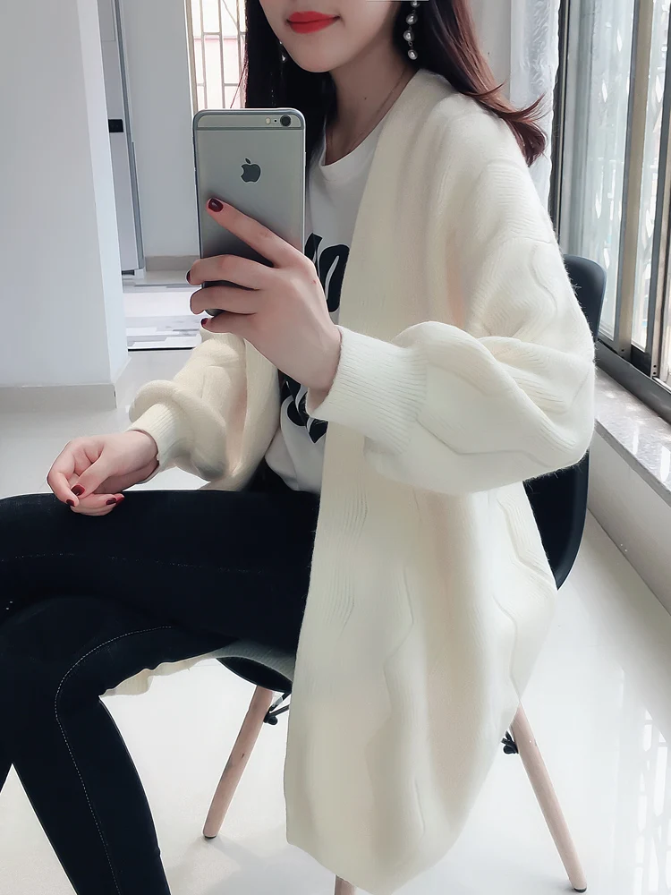 Корейские зимние осенние длинные женские кардиганы втулка Повседневные вязаные свитера оверсайз Длинные кардиганы NS4399 - Цвет: white