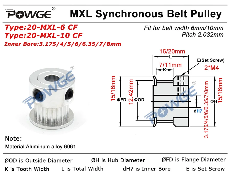 POWGE дюймов 20 Зубы MXL Зубчатый шкив Диаметр 3,175/4/5/6/6,35/7 Plus/8 мм ширина 6 мм 10 мм по методу синхронного ремня Шестерни колеса 20 Зубы 20т