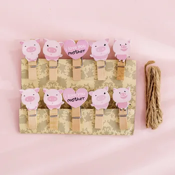 

10 pcs/pack Heart Pig Wooden Clip Photo Craft DIY Decoration Notes Letter Paper Clip with Hemp Rope Office School Supplies