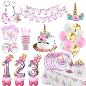 

Unicorn Birthday Party Decors Disposable Tableware Kit Unicorn Headband Cake Topper Balloon Kids Birthday Unicorn Party Supplies