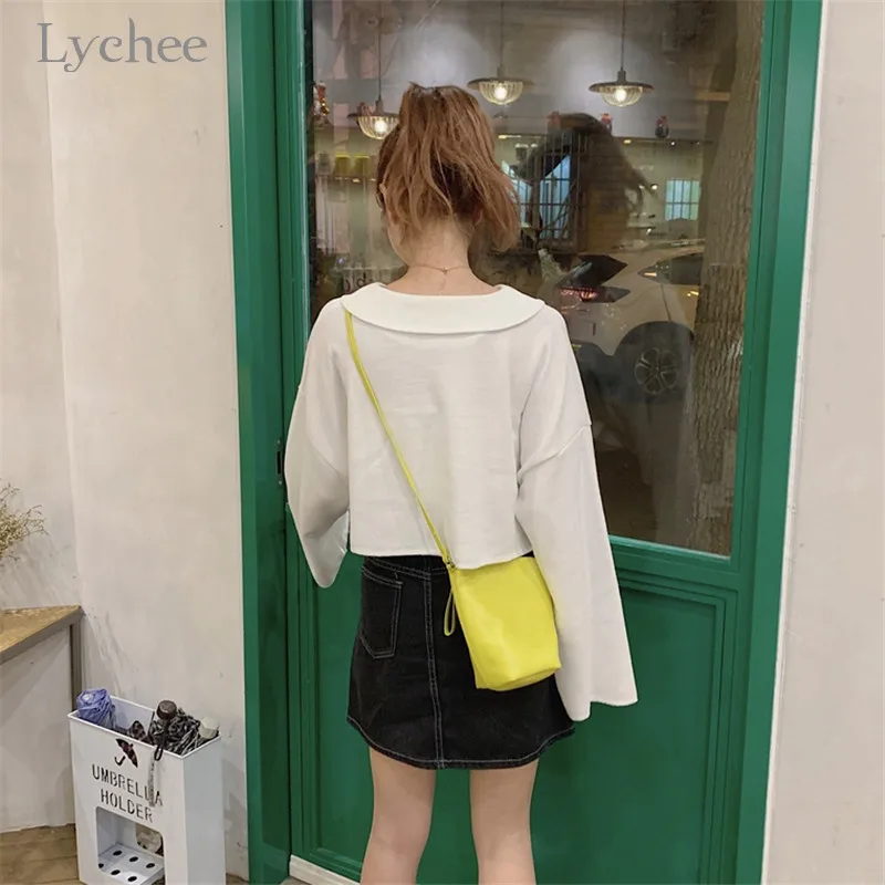 Lychee Harajuku, одноцветная женская укороченная футболка, футболка с воротником Питер Пэн, женские пуловеры, топы, повседневные свободные Весенние женские футболки, футболки
