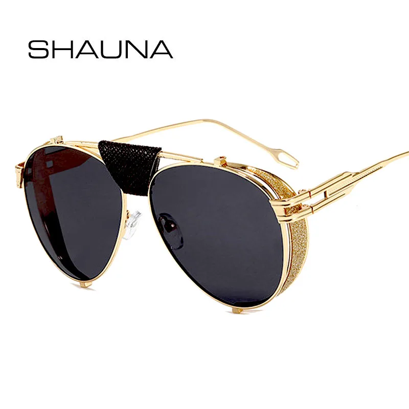

SHAUNA Retro Folding Steampunk Pilot Sunglasses Brand Designer PU Leather Rivet Punk Sun Glasses UV400