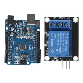 

2 Set Module for Arduino: 1 Set for UNO R3 ATmega328P CH340 USB Board DIY & 1 Set Blue and Black Metal 1-Way Relay Module 5V Rel