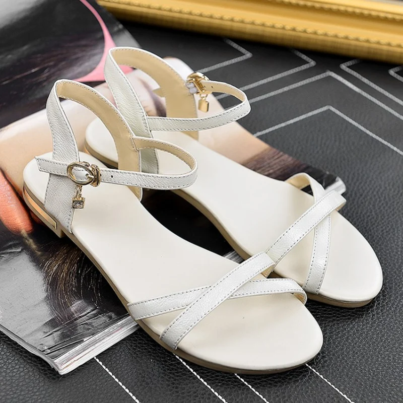 Comfortable Women Summer Sandals Genuine Leather Flip Flops Casual Flats Sandal White Gold Black Ankle Strap Beach Shoes Girls