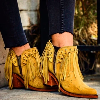 

Vogue Nice New Women Fringe Western Booties Female Suede Low Heel Round Toe Tassel Boots Women Ankle Boots Zipper Shoes