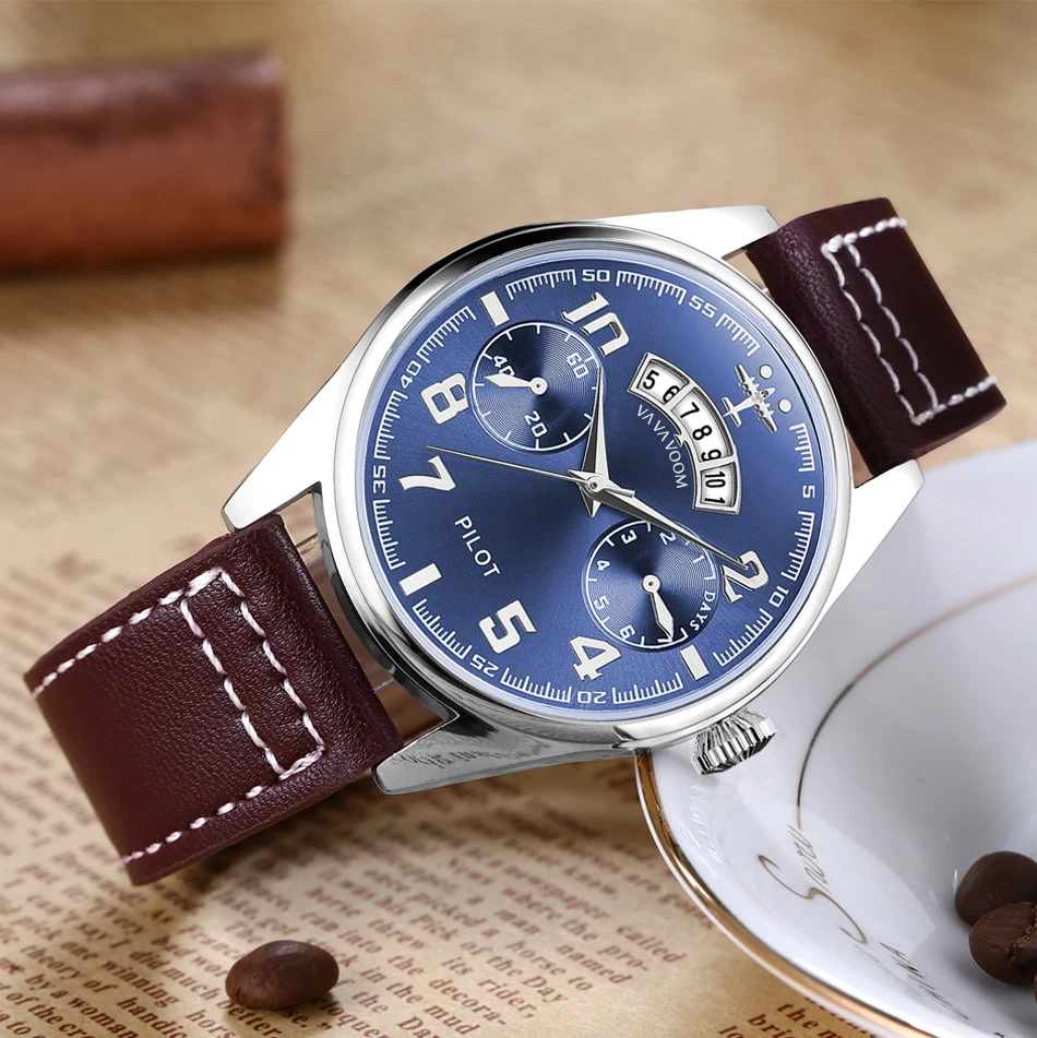 Airplane Sports Military Blue Dial Pilot Calendar Men Wristwatch Chronograph Fashion Casual Brand Army Brown Leather Watches