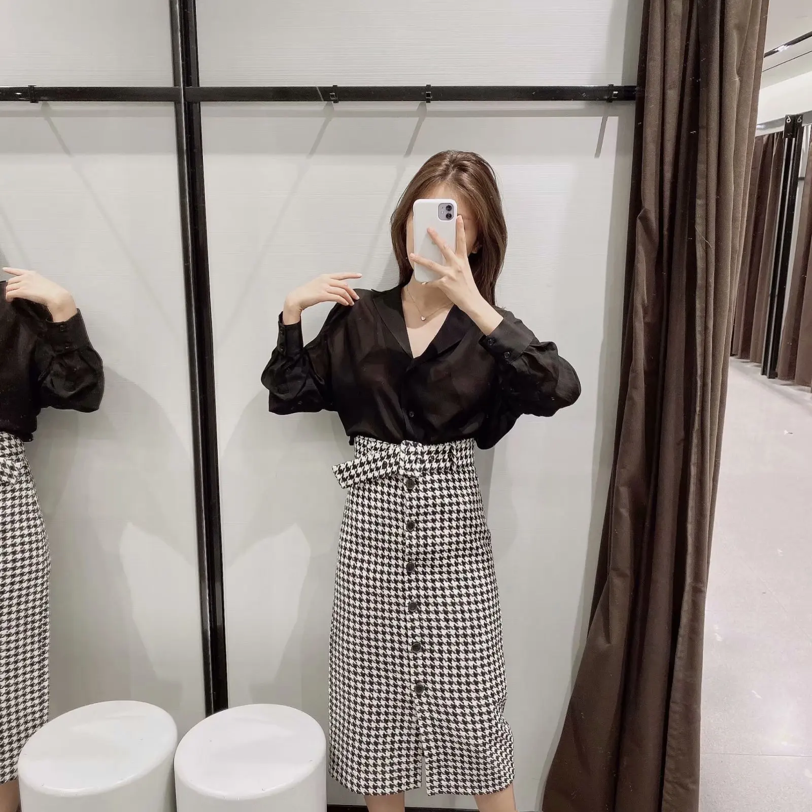 Plaid Midi Skirts Single Breasted Straight Tweed Skirt faldas mujer moda winter long skirts women
