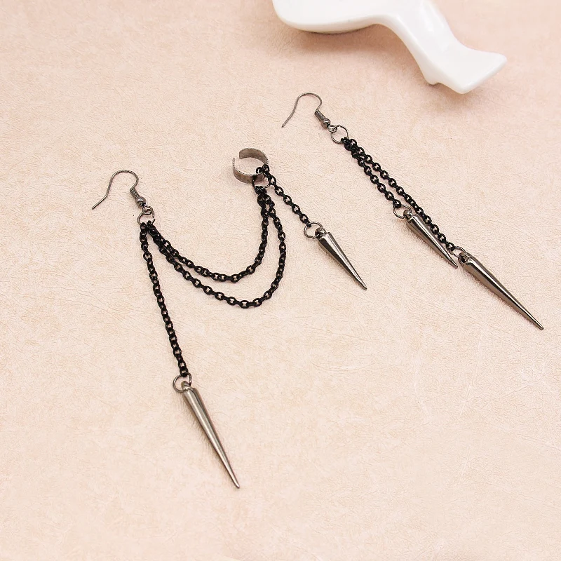 Dangle Earrings Chain Ear Clips Crystal Tassel Earrings Black chain tassel ear-hook Asymmetry Multilayer chain Punk Hip hop personality Jewelry Ear clip For Women Girls