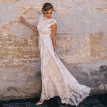 2022 vintage champagne rendas boêmio vestido de casamento uma linha boné manga sexy sem costas vestido de noiva vestidos de novia