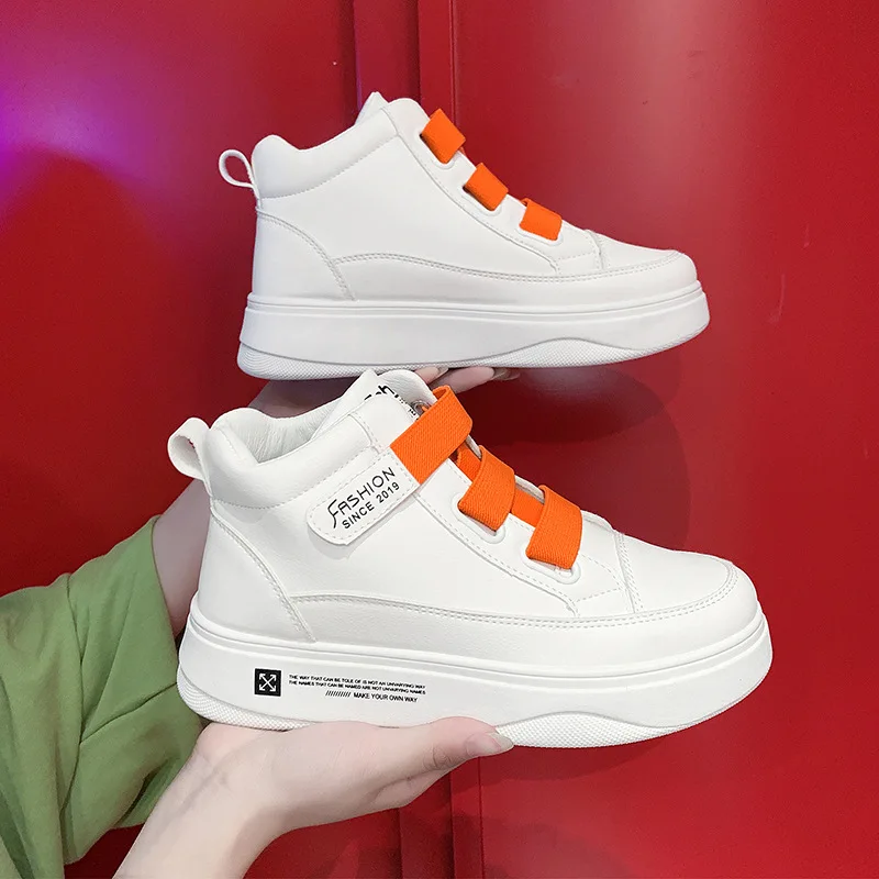 Осенняя повседневная женская обувь на толстой подошве белые кроссовки липучке Ins