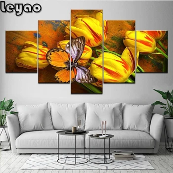 

diy full square/round drill 5 panel diamond painting flower Yellow Tulips And Butterfly Paintings 5d mazaika embroidery sale kit