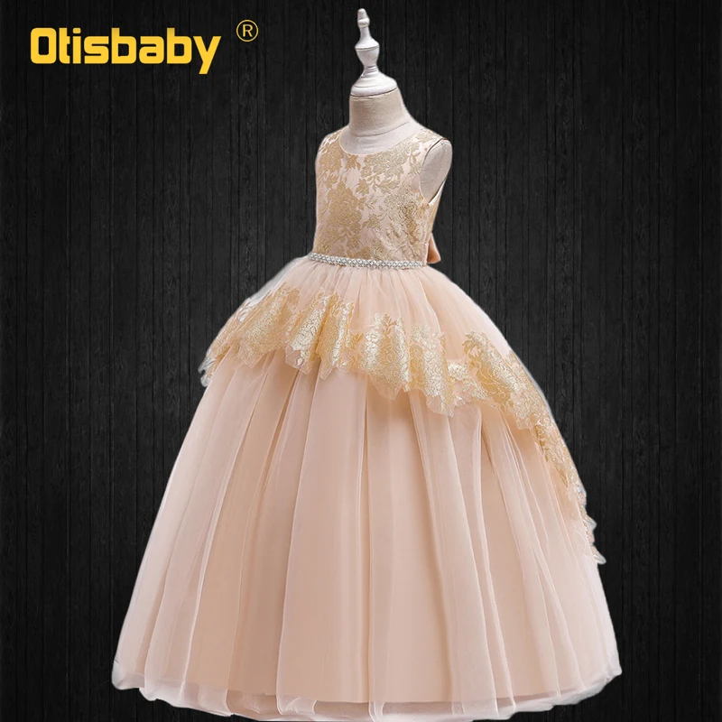 Champagne Dress Детские праздничные платья на день рождения рождественские платья детское платье принцессы с цветочным принтом для причастия, длинное вечернее платье для свадьбы - Цвет: Champagne Dress
