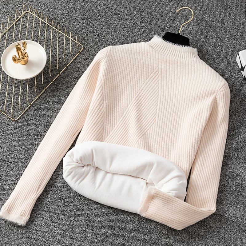 Fur Sweater Women Velvet Warm Winter Basic Tops Female Long Sleeve Autumn Slim Black Apricot Knitwear Korean Style Sweaters | Женская