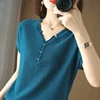 FRSEUCAG Fashion all-match new cotton and linen knitted short-sleeved ladies v-neck cotton T-shirt thin section summer pullover ► Photo 2/6