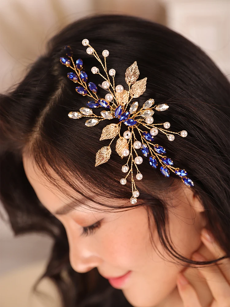 wedding accessories Gold Leaf Blue Rhinestone Crystal Pearl hat female