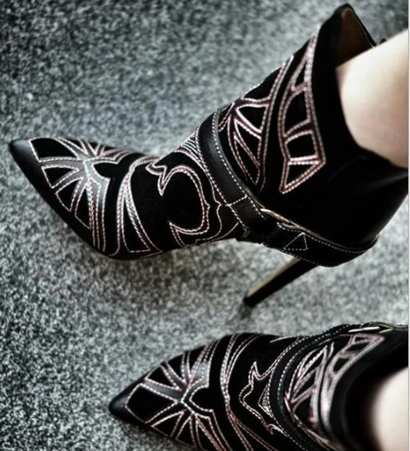 

Sexy Black Suede Embroidered Ankle Boots Leather Buckle Strap Pointed Toe Ridding Boots Thin Heels Patchwork Party Dress Shoes