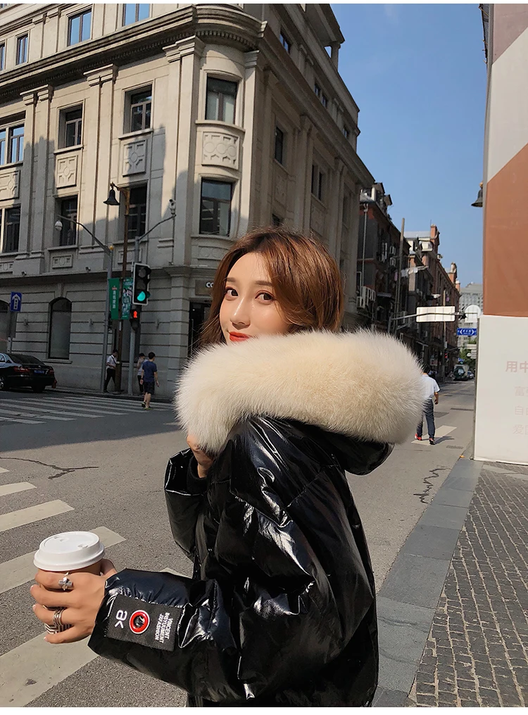 Куртка-пуховик с воротником из лисьего меха, зимнее пальто, женская шапка Harajuku, неравномерная гладкая ткань, Корейская уличная Базовая куртка