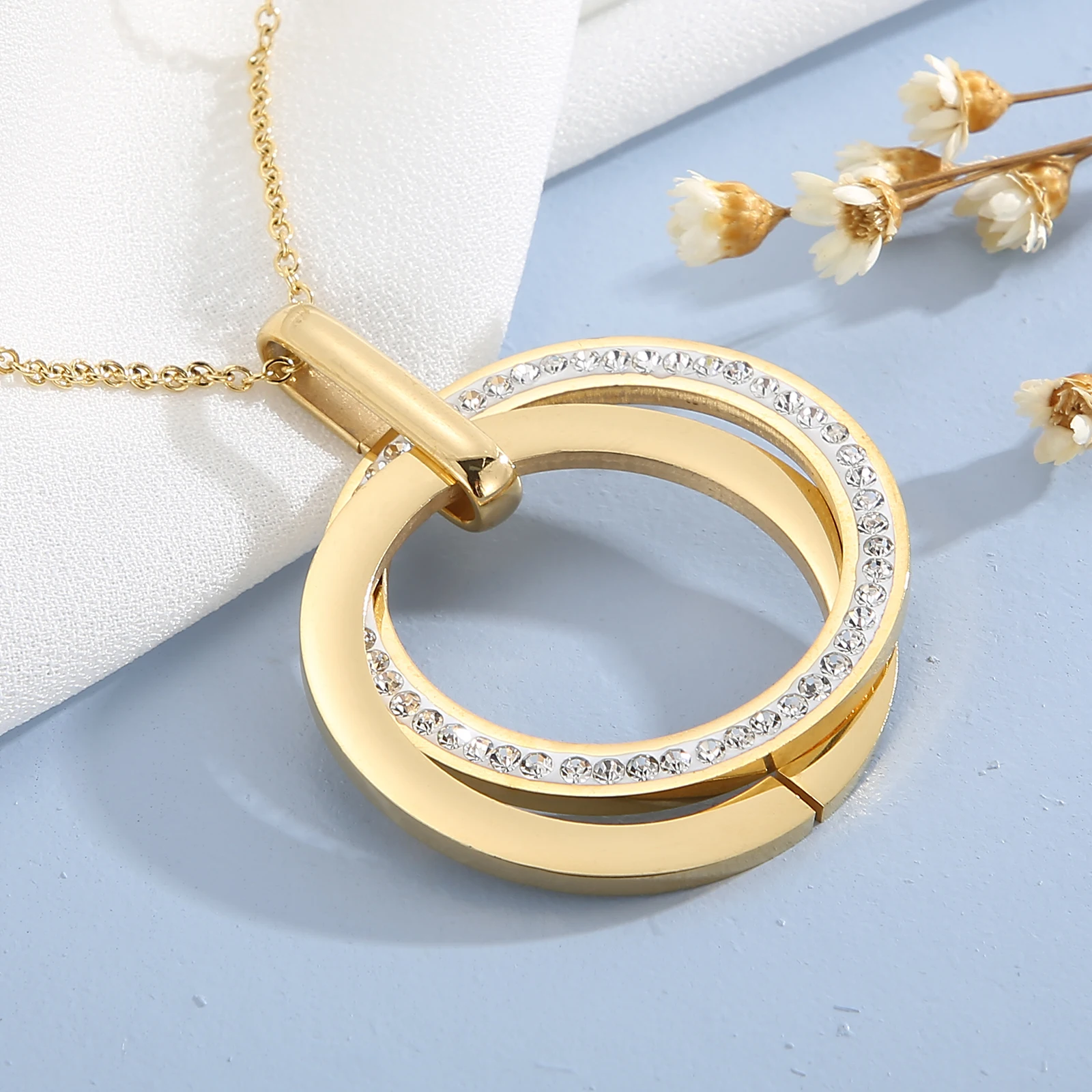 Kalen Stainless Steel Jewelry Sets For Women Three Rounds Pendant Necklaces Earrings Sets Women Fashion Zircon Wedding Jewelry