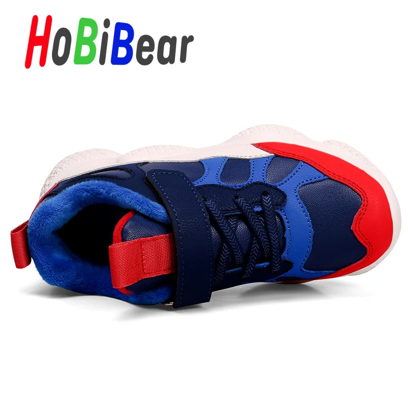 HOBIBEAR/новая молодежная обувь для мальчиков детская обувь из искусственной кожи для мальчиков, зимние школьные кроссовки с мехом для мальчиков Нескользящие Детские кроссовки на плоской подошве
