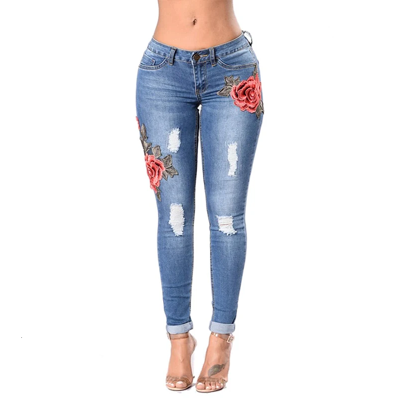 Новые вышитые брюки тонкие Стрейчевые хлопковые джинсы с высокой талией модные