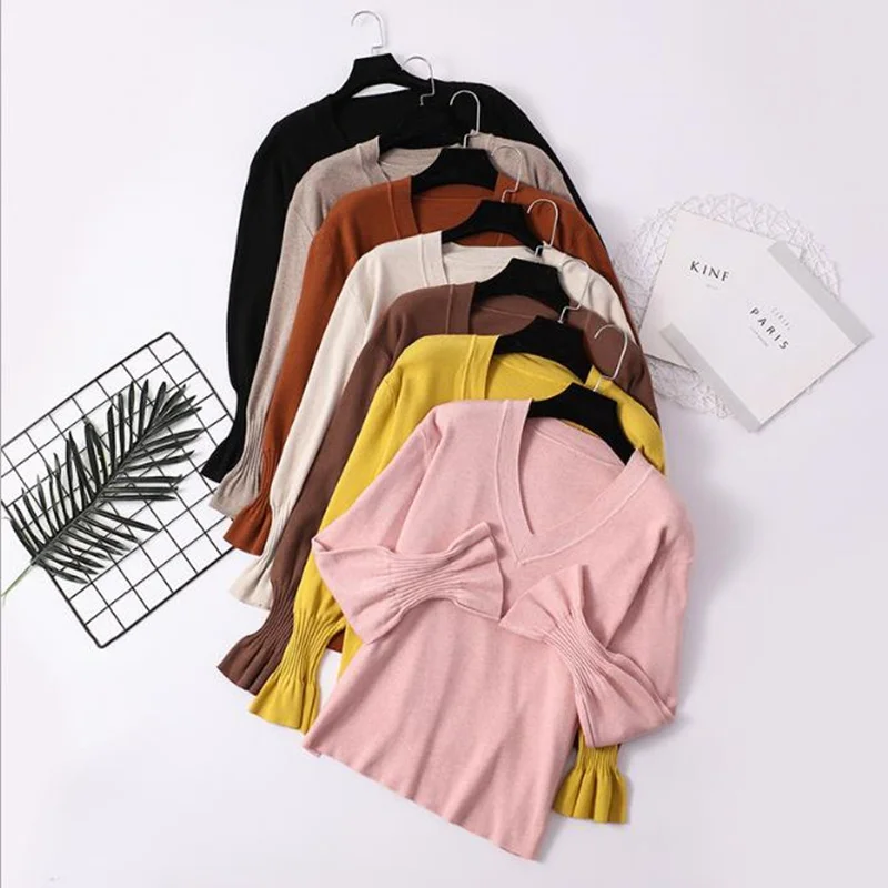 Sweater V-Neck Women Fashion Autumn Winter Cashmere Knit Sweater Solid Sexy loose Pullovers Female Knit Sweater pink black