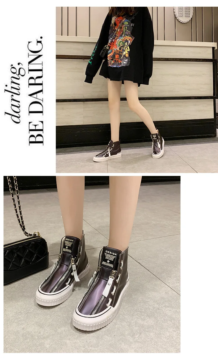 Winter Glitter Color Women High-top PU Sneakers Female Sports Skateboarding Shoes Zipper Plus Velvet Shoes Boots Wild Sneakers