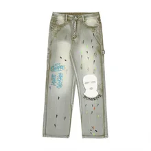 Pantalones vaqueros holgados con bordado de Kanye West para hombre, Jeans rectos, estilo Vibe, informales, anchos, 2021