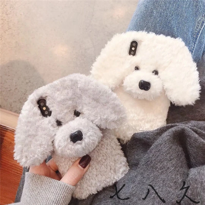 3D милые животные плюшевая собака, пушистый теплый меховой чехол для телефона для iPhone 7 Plus, силиконовый чехол для iPhone X XS Mas 8 7 6 6s Plus XR Puppy