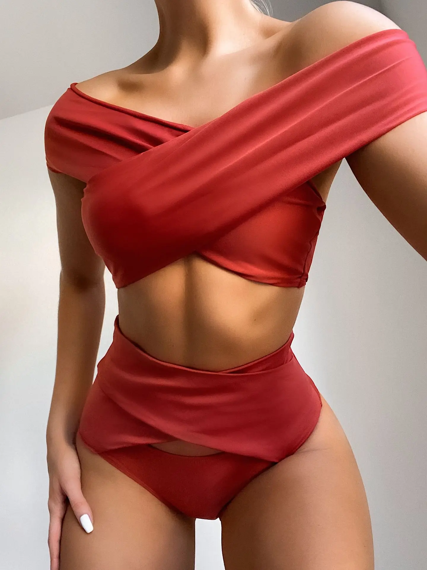 

Bathing Suit Women Bi-neck Bikini Cross Bandage Swimsuit Sexy Split Swimsuit Two Piece Swimsuit High Waist